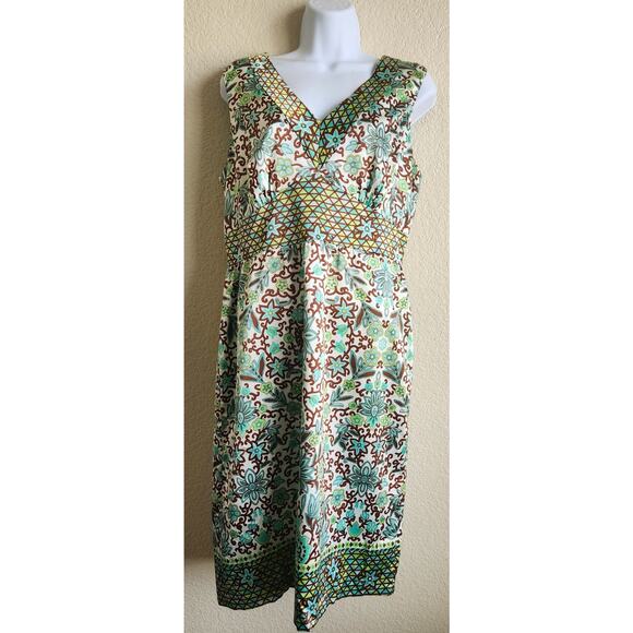 Rafael Teal Brown Floral Print Sleeveless V Neck Sheath Dress 10 Lightweight - Picture 1 of 4
